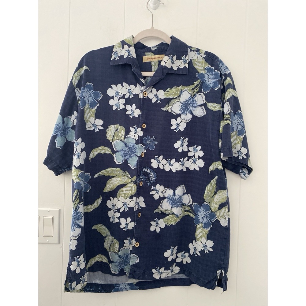 VTG Tommy Bahama Short Sleeve Silk Shirt Mens Large Blue Green Floral